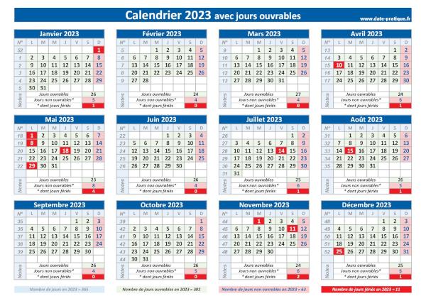 Calendrier 2023 avec les jours ouvrables à imprimer.