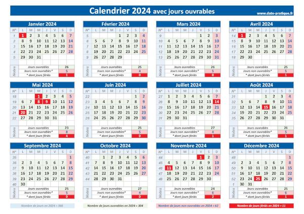 Calendrier 2024 avec les jours ouvrables à imprimer.