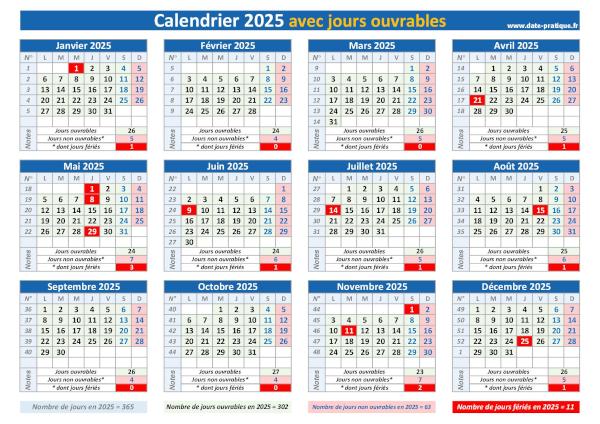 Calendrier 2025 avec les jours ouvrables à imprimer.