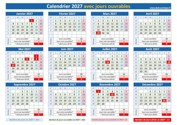 Calendrier 2027 avec les jours ouvrables à imprimer.