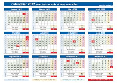 Calendrier 2022 avec les jours ouvrés et les jours ouvrables à imprimer.