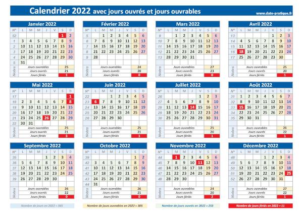 Calendrier 2022 avec les jours ouvrés et les jours ouvrables à imprimer.