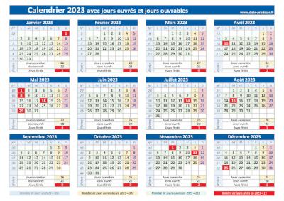 Calendrier 2023 avec les jours ouvrés et les jours ouvrables à imprimer.