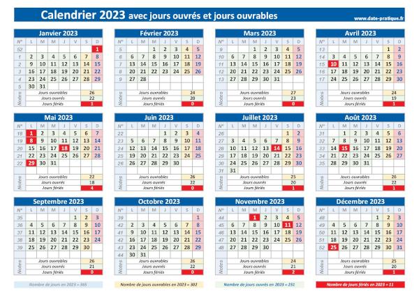Calendrier 2023 avec les jours ouvrés et les jours ouvrables à imprimer.