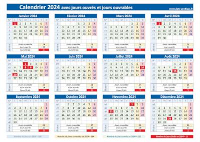 Calendrier 2024 avec les jours ouvrés et les jours ouvrables à imprimer.