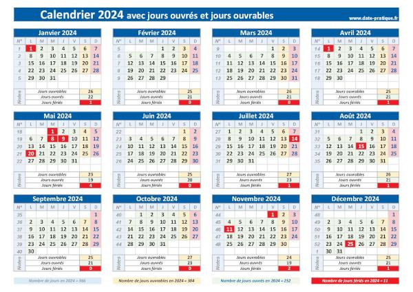 Calendrier 2024 avec les jours ouvrés et les jours ouvrables à imprimer.