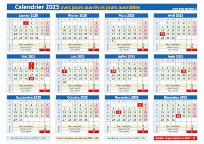 Calendrier 2025 avec les jours ouvrés et les jours ouvrables à imprimer.