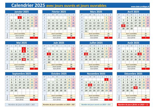 Calendrier 2025 avec les jours ouvrés et les jours ouvrables à imprimer.