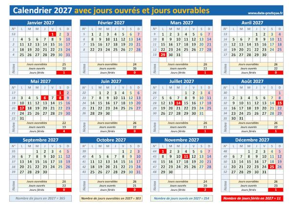 Calendrier 2027 avec les jours ouvrés et les jours ouvrables à imprimer.