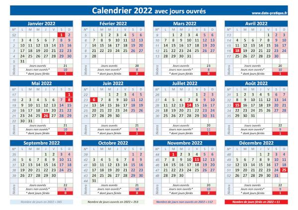 Calendrier 2022 avec jours ouvrés à imprimer.