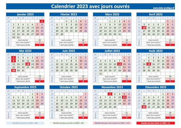 Calendrier 2023 avec les jours ouvrés à imprimer.
