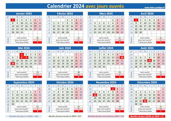 Calendrier 2024 avec les jours ouvrés à imprimer.