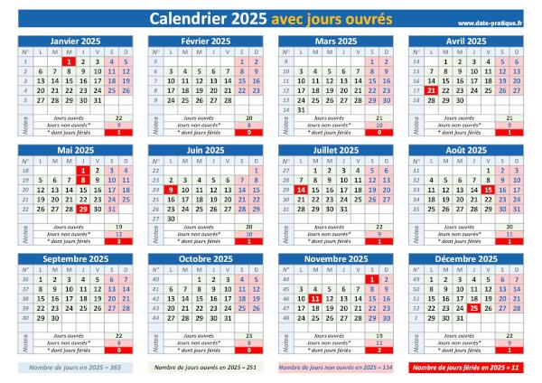 Calendrier 2025 avec les jours ouvrés à imprimer.