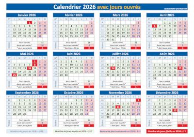 Calendrier 2026 avec les jours ouvrés et les jours fériés