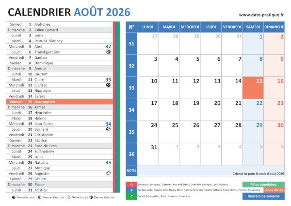 Calendrier d'août 2026 incluant les jours fériés, fêtes à souhaiter, vacances scolaires, phases lunaires et numéros de semaine.