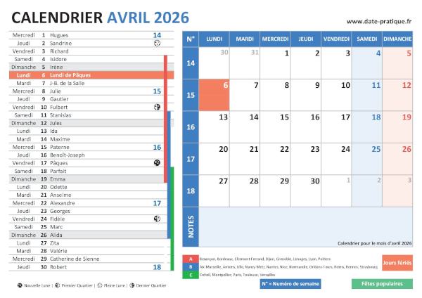 Calendrier d'avril 2026 incluant les jours fériés, fêtes à souhaiter, vacances scolaires, phases lunaires et numéros de semaine.