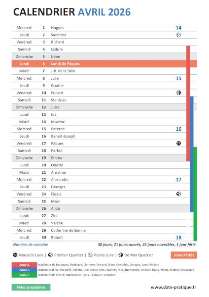 Calendrier mensuel d'Avril 2026 avec saints, fêtes, jours fériés, vacances scolaires, numéros de semaine et phases lunaires à télécharger gratuitement.