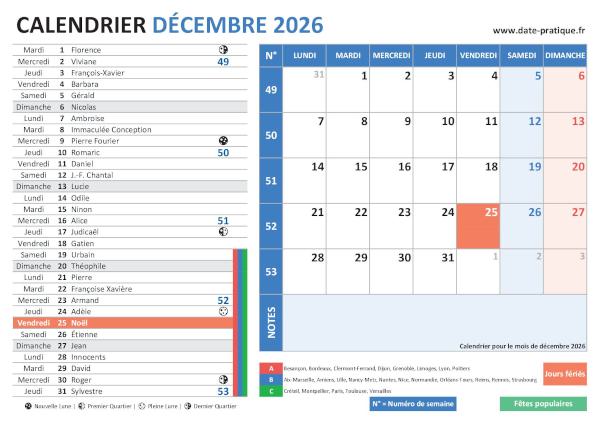 Calendrier de décembre 2026 incluant les jours fériés, fêtes à souhaiter, vacances scolaires, phases lunaires et numéros de semaine.