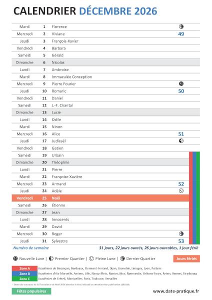 Calendrier mensuel de Décembre 2026 avec saints, fêtes, jours fériés, vacances scolaires, numéros de semaine et phases lunaires à télécharger gratuitement.