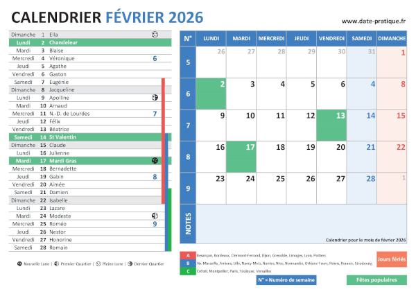 Calendrier de février 2026 incluant les jours fériés, fêtes à souhaiter, vacances scolaires, phases lunaires et numéros de semaine.