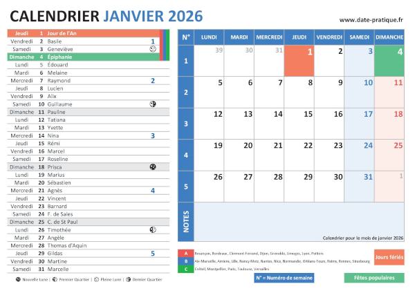 Calendrier de janvier 2026 incluant les jours fériés, fêtes à souhaiter, vacances scolaires, phases lunaires et numéros de semaine.