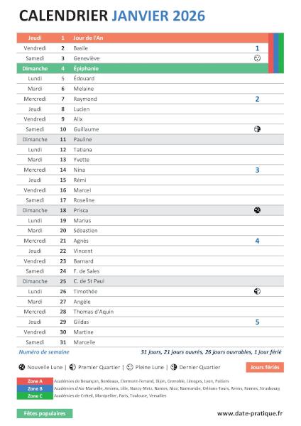 Calendrier mensuel de Janvier 2026 avec saints, fêtes, jours fériés, vacances scolaires, numéros de semaine et phases lunaires à télécharger gratuitement.