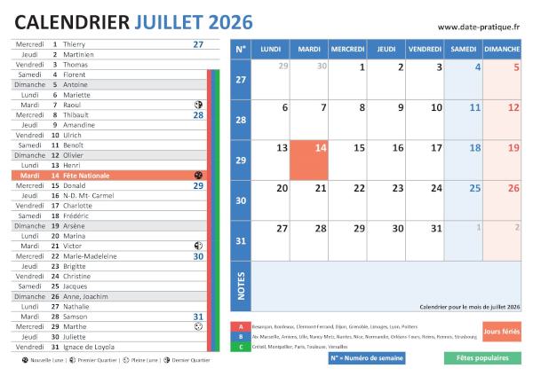 Calendrier de juillet 2026 avec une double vue claire et colorée, incluant les jours fériés, fêtes populaires, saints du jour, vacances scolaires, phases lunaires et numéros de semaine.
