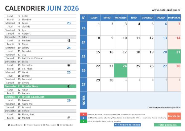 Calendrier de juin 2026 incluant les jours fériés, fêtes à souhaiter, vacances scolaires, phases lunaires et numéros de semaine.