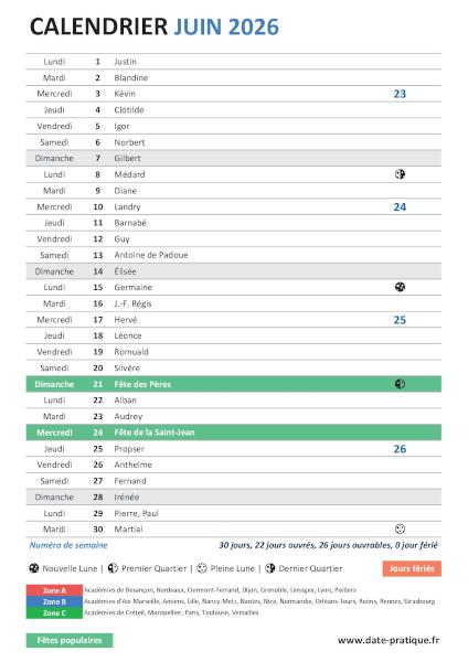 Calendrier mensuel de Juin 2026 avec saints, fêtes, jours fériés, vacances scolaires, numéros de semaine et phases lunaires à télécharger gratuitement.