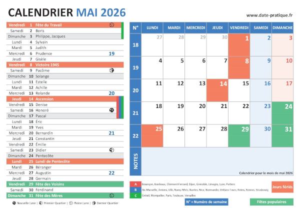 Calendrier de mai 2026 incluant les jours fériés, fêtes à souhaiter, vacances scolaires, phases lunaires et numéros de semaine.