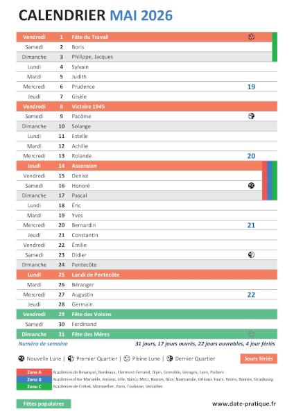 Calendrier mensuel de Mai 2026 avec saints, fêtes, jours fériés, vacances scolaires, numéros de semaine et phases lunaires à télécharger gratuitement.