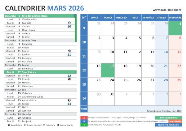 Calendrier de mars 2026 incluant les jours fériés, fêtes à souhaiter, vacances scolaires, phases lunaires et numéros de semaine.