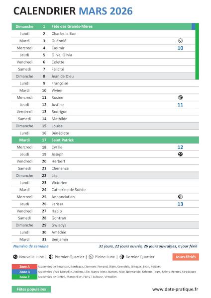 Calendrier mensuel de Mars 2026 avec saints, fêtes, jours fériés, vacances scolaires, numéros de semaine et phases lunaires à télécharger gratuitement.