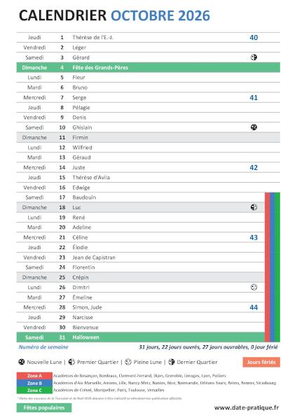 Calendrier mensuel d'Octobre 2026 avec saints, fêtes, jours fériés, vacances scolaires, numéros de semaine et phases lunaires à télécharger gratuitement.