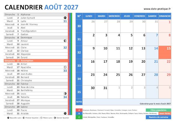 Calendrier d'août 2027 incluant les jours fériés, fêtes à souhaiter, vacances scolaires, phases lunaires et numéros de semaine.