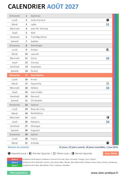Calendrier mensuel d'Août 2027 avec saints, fêtes, jours fériés, vacances scolaires, numéros de semaine et phases lunaires à télécharger gratuitement.