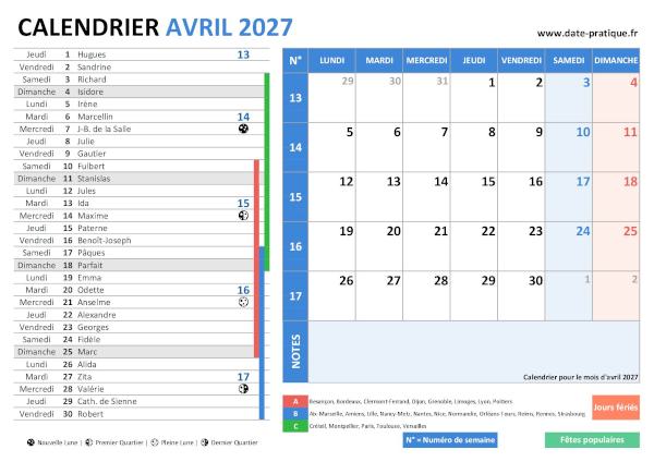 Calendrier d'avril 2027 incluant les jours fériés, fêtes à souhaiter, vacances scolaires, phases lunaires et numéros de semaine.