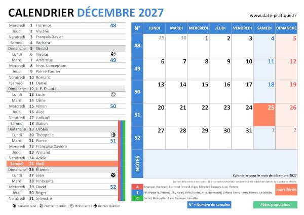 Calendrier de décembre 2027 incluant les jours fériés, fêtes à souhaiter, vacances scolaires, phases lunaires et numéros de semaine.