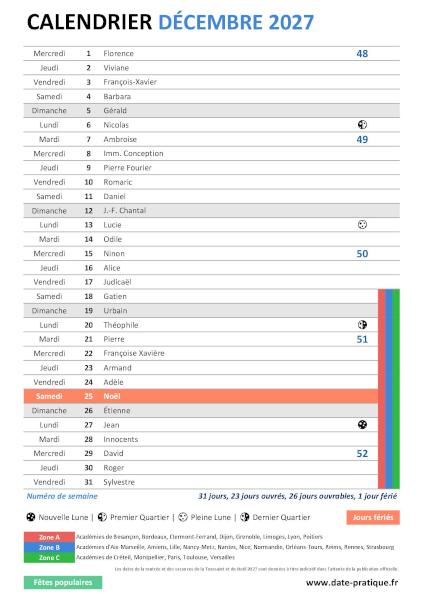 Calendrier mensuel de Décembre 2027 avec saints, fêtes, jours fériés, vacances scolaires, numéros de semaine et phases lunaires à télécharger gratuitement.