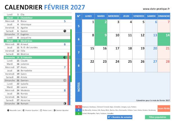 Calendrier de février 2027 incluant les jours fériés, fêtes à souhaiter, vacances scolaires, phases lunaires et numéros de semaine.