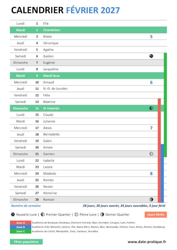 Calendrier mensuel de Février 2027 avec saints, fêtes, jours fériés, vacances scolaires, numéros de semaine et phases lunaires à télécharger gratuitement.