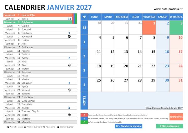 Calendrier de janvier 2027 incluant les jours fériés, fêtes à souhaiter, vacances scolaires, phases lunaires et numéros de semaine.