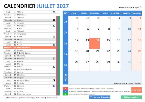 Calendrier de juillet 2027 incluant les jours fériés, fêtes à souhaiter, vacances scolaires, phases lunaires et numéros de semaine.
