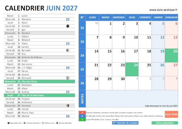 Calendrier de juin 2027 incluant les jours fériés, fêtes à souhaiter, vacances scolaires, phases lunaires et numéros de semaine.