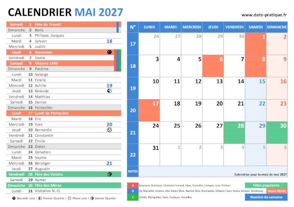 Calendrier de mai 2027 incluant les jours fériés, fêtes à souhaiter, vacances scolaires, phases lunaires et numéros de semaine.