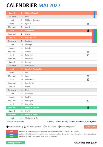 Calendrier mensuel de Mai 2027 avec saints, fêtes, jours fériés, vacances scolaires, numéros de semaine et phases lunaires à télécharger gratuitement.