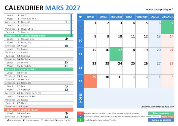 Calendrier de mars 2027 incluant les jours fériés, fêtes à souhaiter, vacances scolaires, phases lunaires et numéros de semaine.