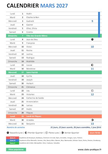 Calendrier mensuel de Mars 2027 avec saints, fêtes, jours fériés, vacances scolaires, numéros de semaine et phases lunaires à télécharger gratuitement.