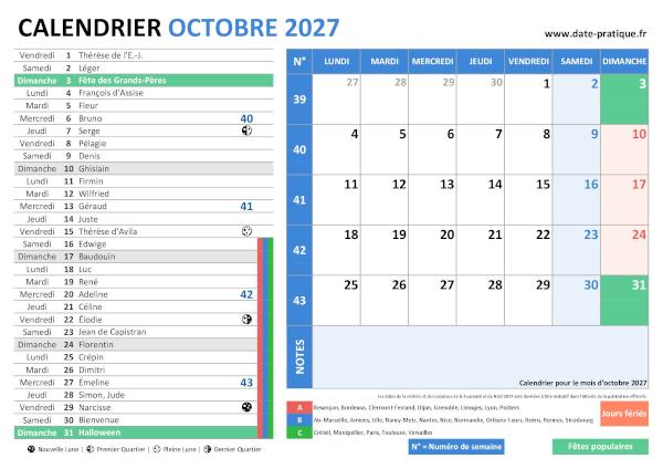 Calendrier d'octobre 2027 incluant les jours fériés, fêtes à souhaiter, vacances scolaires, phases lunaires et numéros de semaine.