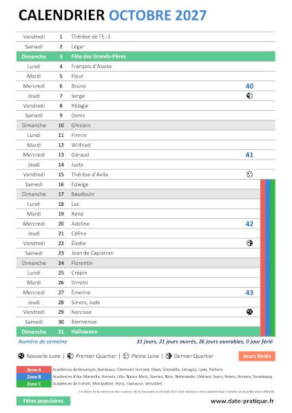 Calendrier mensuel d'Octobre 2027 avec saints, fêtes, jours fériés, vacances scolaires, numéros de semaine et phases lunaires à télécharger gratuitement.